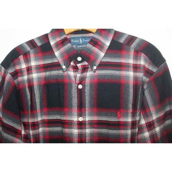 Ralph Lauren Mens Black Red White Plaid LS Cotton Button Down Classic Fit L - Picture 2 of 5